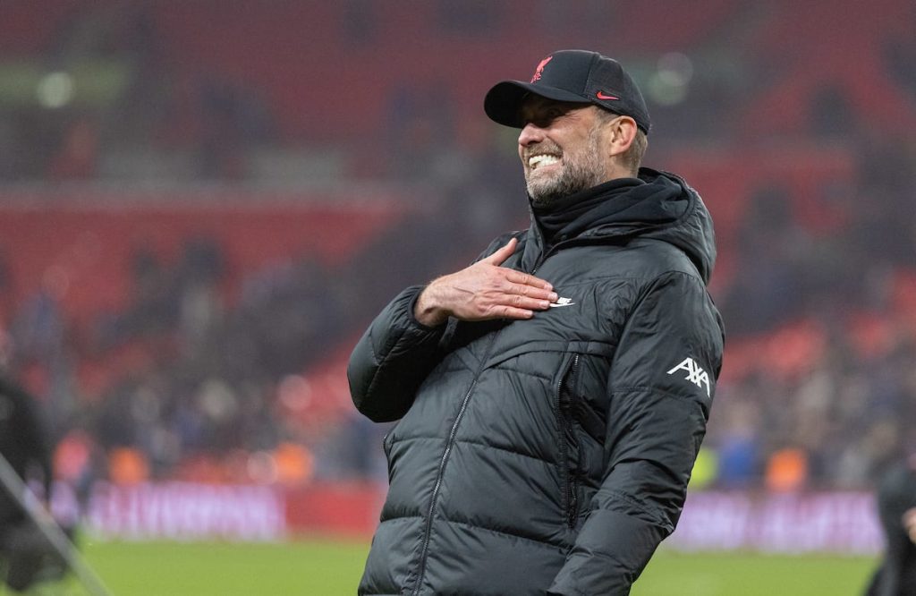 LONDON, ENGLAND - Sunday, February 27, 2022: Liverpool's manager Jürgen Klopp celebrate after the Football League Cup Final match between Chelsea FC and Liverpool FC at Wembley Stadium. (Pic by David Rawcliffe/Propaganda)
