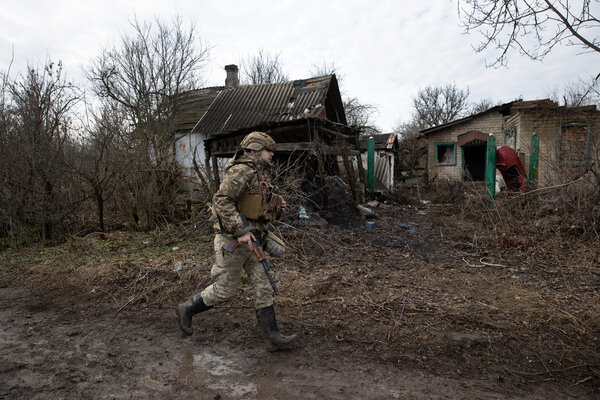 A Ukrainian soldier after explosions hit near his unit’s position on Wednesday in Zaitseve, in the Luhansk region of eastern Ukraine. The area was shelled on Tuesday and Wednesday.