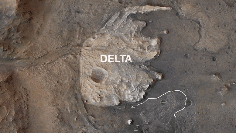 Perseverance Mars Rover Route to Jezero Crater Delta