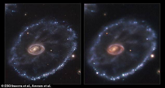 Astrônomos capturaram o momento em que uma estrela, a 500 milhões de anos-luz da Terra, explodiu em uma dramática supernova, marcando o fim de sua vida.  A imagem da esquerda é de 2014 antes da explosão, e a da direita é de 2021, com a explosão no canto inferior direito