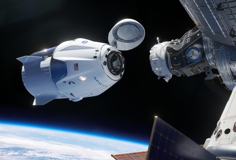 A espaçonave SpaceX Crew Dragon se aproxima da Estação Espacial Internacional