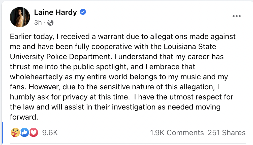 Captura de tela da postagem de Hardy.