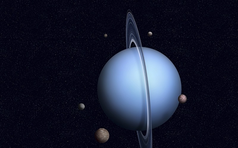 Urano como mostrado em uma ilustração com algumas de suas 27 luas.