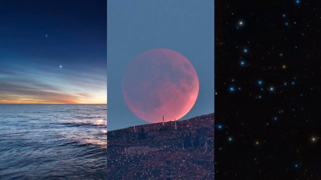 Planetas anoitecer e amanhecer, eclipse lunar e aglomerado de estrelas em coma
