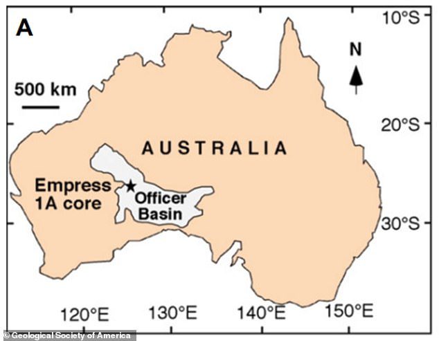 Mapa da Austrália com localização aproximada do núcleo Imperatriz 1A (estrela negra), de onde o cristal de halita foi extraído