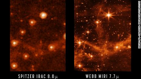 Compare a nitidez e o nível de detalhes capturados pelo Telescópio Espacial Spitzer (à esquerda) e pelo Telescópio Espacial James Webb (à direita).
