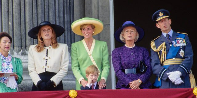 Princesa Margaret, Sarah, Princesa Diana com Príncipe Harry, Catherine, Duquesa de Kent e Príncipe Edward, enquanto membros da família real assistem enquanto eles passam voando.  Príncipe Harry estava com sua mãe.