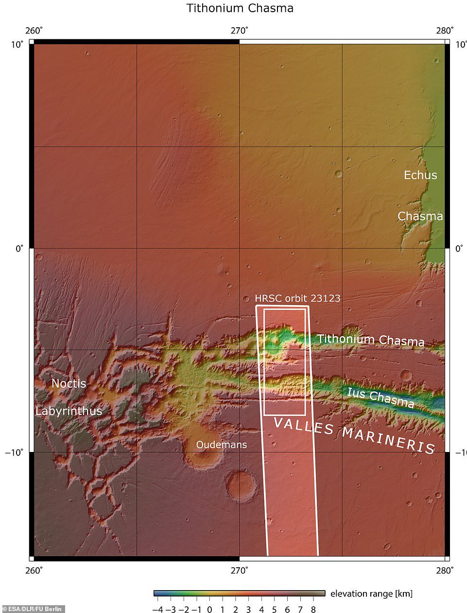 Lus e Tithonium Chasmata são vistos acima.  A área delineada na caixa branca escura indica a área fotografada pela câmera estéreo Mars Express High Resolution em 21 de abril de 2022 durante a órbita.