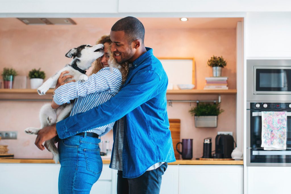 Um casal brincando com seu husky siberiano em sua casa.