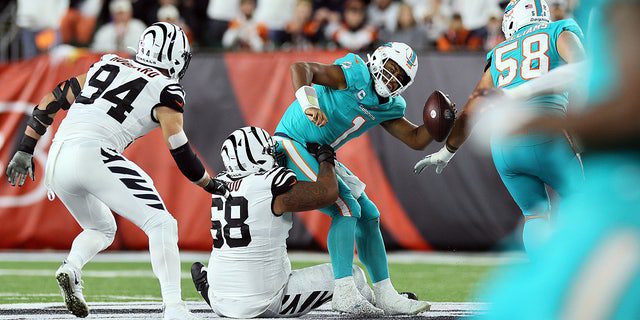 O quarterback do Miami Dolphins Tua Tagovailoa #1 é demitido pelo defensive tackle Josh Tupou #68 do Cincinnati Bengals durante o segundo quarto de um jogo contra o Cincinnati Bengals no Paycor Stadium em 29 de setembro de 2022 em Cincinnati, Ohio. 