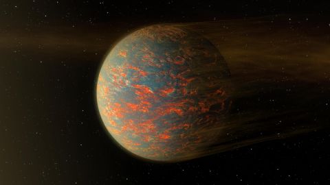 Esta ilustração mostra um cenário possível para um exoplaneta quente e rochoso chamado 55 Cancri, que tem aproximadamente o dobro da largura da Terra.  Dados do Telescópio Espacial Spitzer da NASA mostraram que o planeta experimenta flutuações extremas de temperatura.