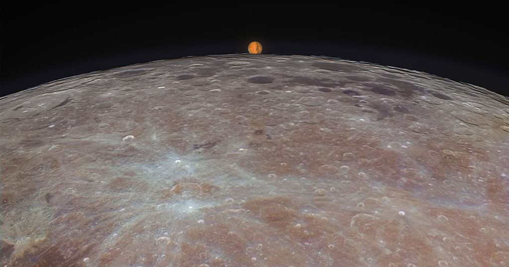 Um fotógrafo capturando um momento mágico de Marte emerge detrás da lua